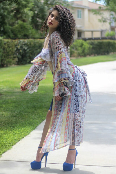 Bali Vacay Ruffle Sleeves Detail Maxi Kimono - SURELYMINE
