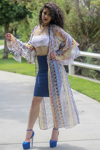 Bali Vacay Ruffle Sleeves Detail Maxi Kimono - SURELYMINE
