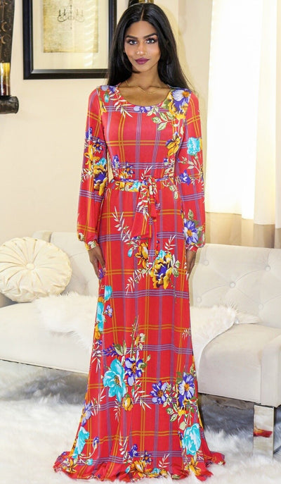 Venechia Print Round Neck Maxi Dress with long closed Bell Sleeves - SURELYMINE