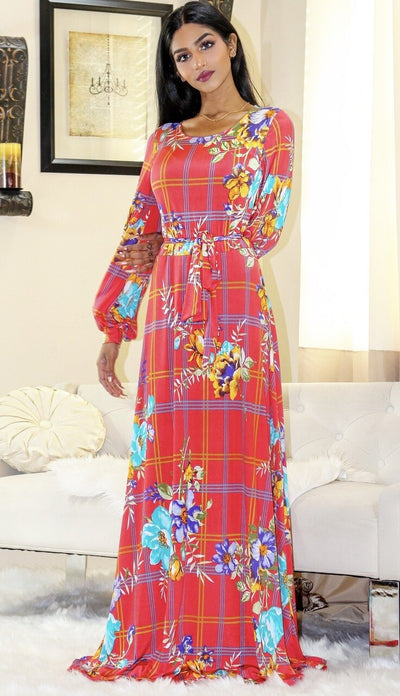 Venechia Print Round Neck Maxi Dress with long closed Bell Sleeves - SURELYMINE