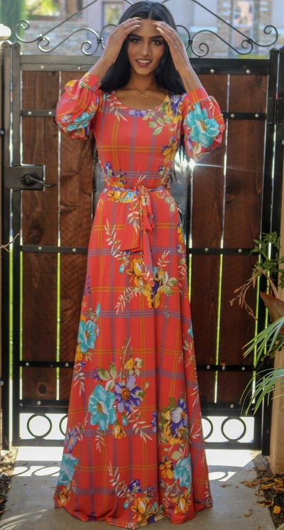 Venechia Print Round Neck Maxi Dress with long closed Bell Sleeves - SURELYMINE