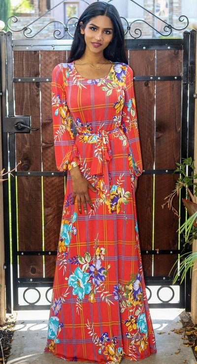 Venechia Print Round Neck Maxi Dress with long closed Bell Sleeves - SURELYMINE