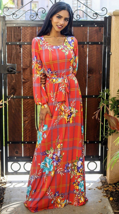 Venechia Print Round Neck Maxi Dress with long closed Bell Sleeves - SURELYMINE