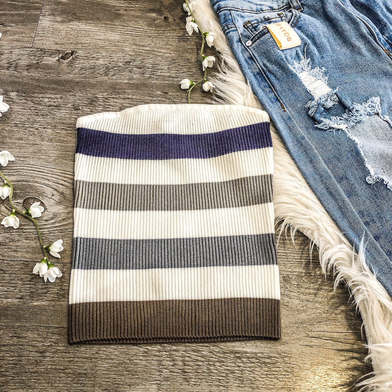 Bria Multi Ribbed knit Stripe Tube Strapless  Grey Tones Top - SURELYMINE