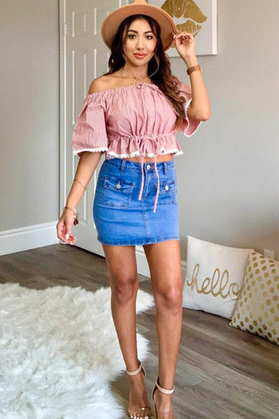 Have Some Fun Over the Shoulder Stripe Top with Lace Trim Details - SURELYMINE