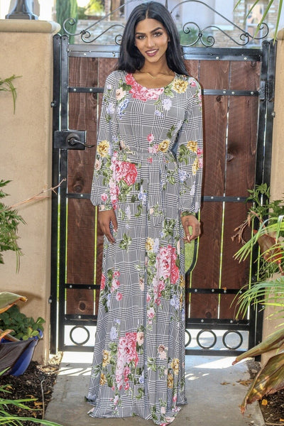 Venechia Print Round Neck Maxi Dress with long closed Bell Sleeves White - SURELYMINE