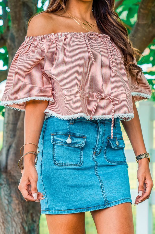 Have Some Fun Over the Shoulder Stripe Top with Lace Trim Details - SURELYMINE