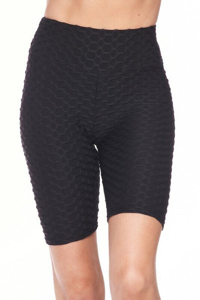 Kylie Scrunch Butt Anti Cellulite Honeycomb Texture Biker Shorts Black - SURELYMINE