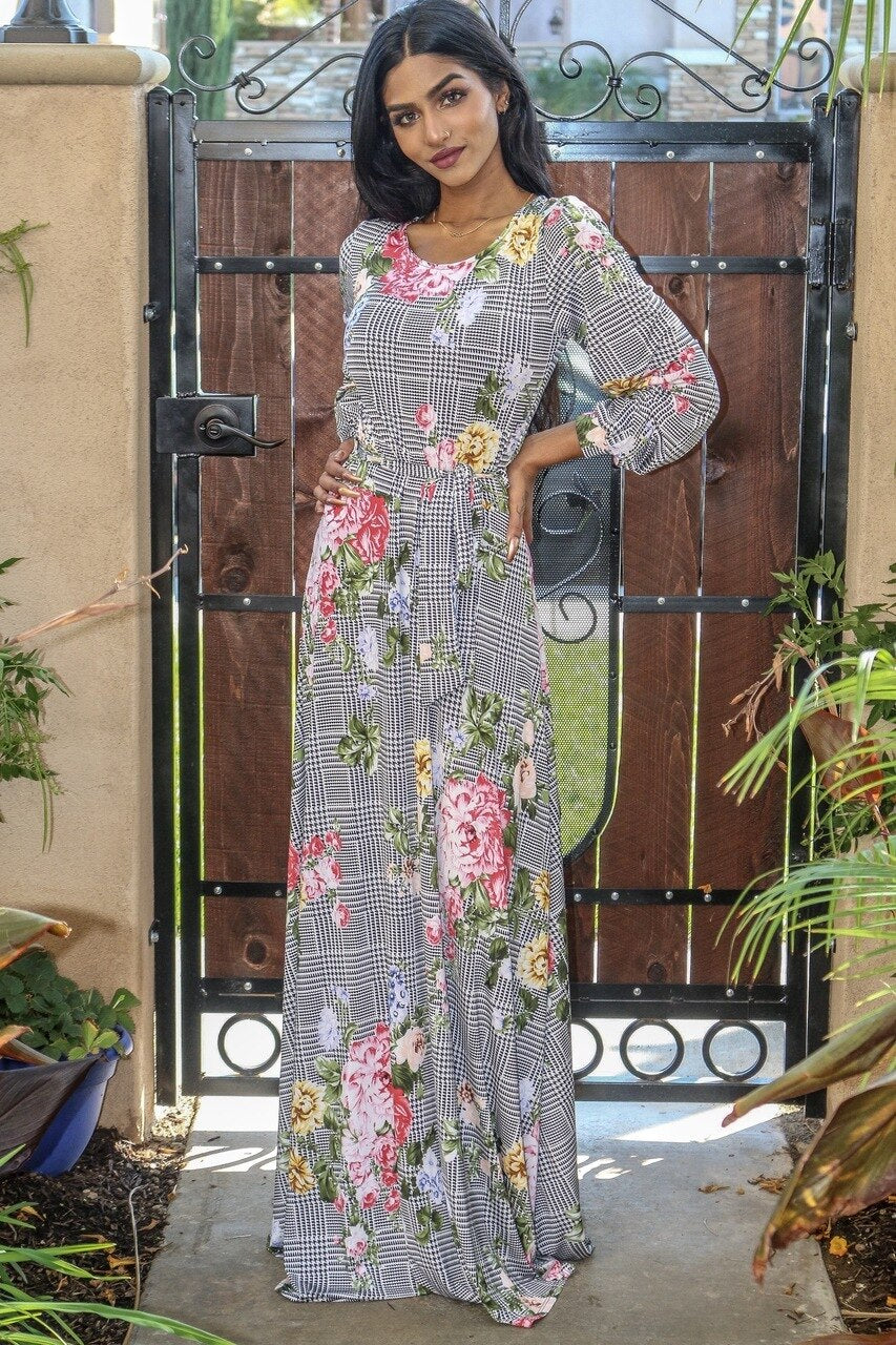 Venechia Print Round Neck Maxi Dress with long closed Bell Sleeves White - SURELYMINE