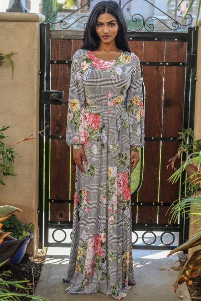 Venechia Print Round Neck Maxi Dress with long closed Bell Sleeves White - SURELYMINE