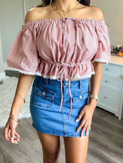 Have Some Fun Over the Shoulder Stripe Top with Lace Trim Details - SURELYMINE