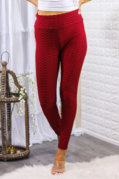 Kylie Scrunch Butt Anti Cellulite Honeycomb Texture Leggings Burgundy - SURELYMINE