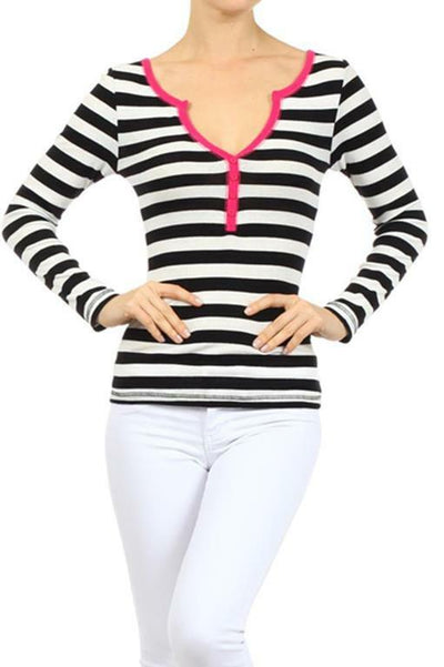 Stripes Top With Colored Hem at Neck and center Buttoning - SURELYMINE