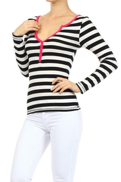 Stripes Top With Colored Hem at Neck and center Buttoning - SURELYMINE