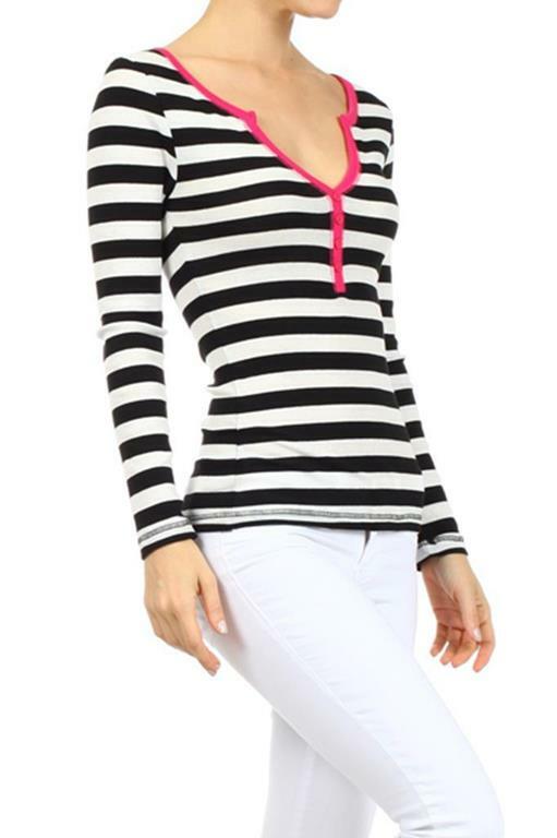 Stripes Top With Colored Hem at Neck and center Buttoning - SURELYMINE
