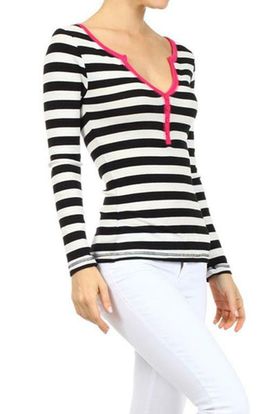Stripes Top With Colored Hem at Neck and center Buttoning - SURELYMINE