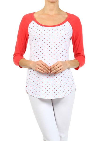 Polka Dot Knit Raglan Top with boat and a loose Fit Coral - SURELYMINE