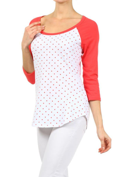 Polka Dot Knit Raglan Top with boat and a loose Fit Coral - SURELYMINE
