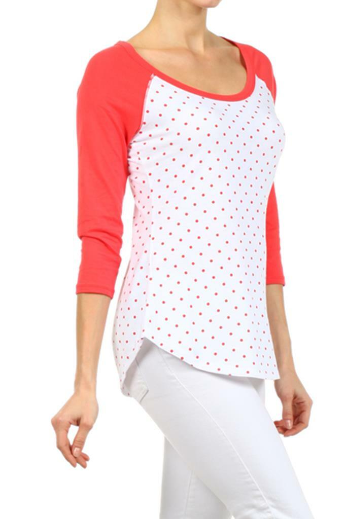 Polka Dot Knit Raglan Top with boat and a loose Fit Coral - SURELYMINE