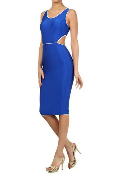 Cut Out Back Contrast Color Piping Details Midi Dress - SURELYMINE