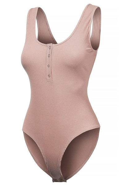 Henley Scoop Neck Ribbed Knit Bodysuit Dusty Pink - SURELYMINE