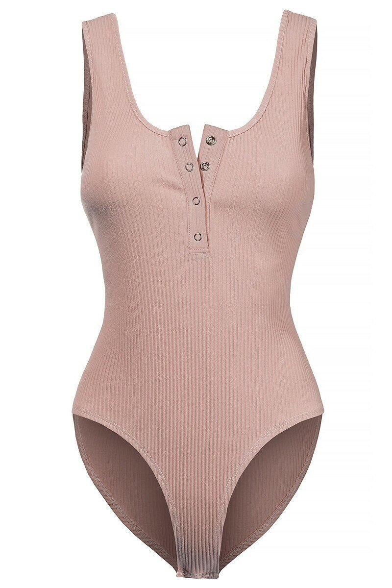 Henley Scoop Neck Ribbed Knit Bodysuit Dusty Pink - SURELYMINE