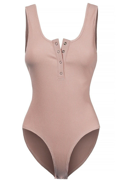 Henley Scoop Neck Ribbed Knit Bodysuit Dusty Pink - SURELYMINE