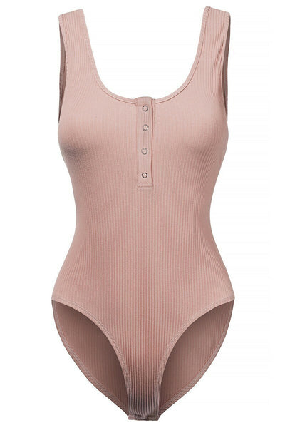 Henley Scoop Neck Ribbed Knit Bodysuit Dusty Pink - SURELYMINE