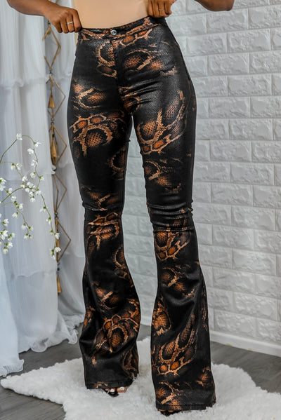 Coated Snake Print Flare Bell Bottom Jeans