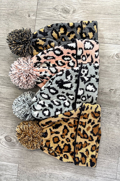 Leopard Print Beanie With Fur Puff On Top