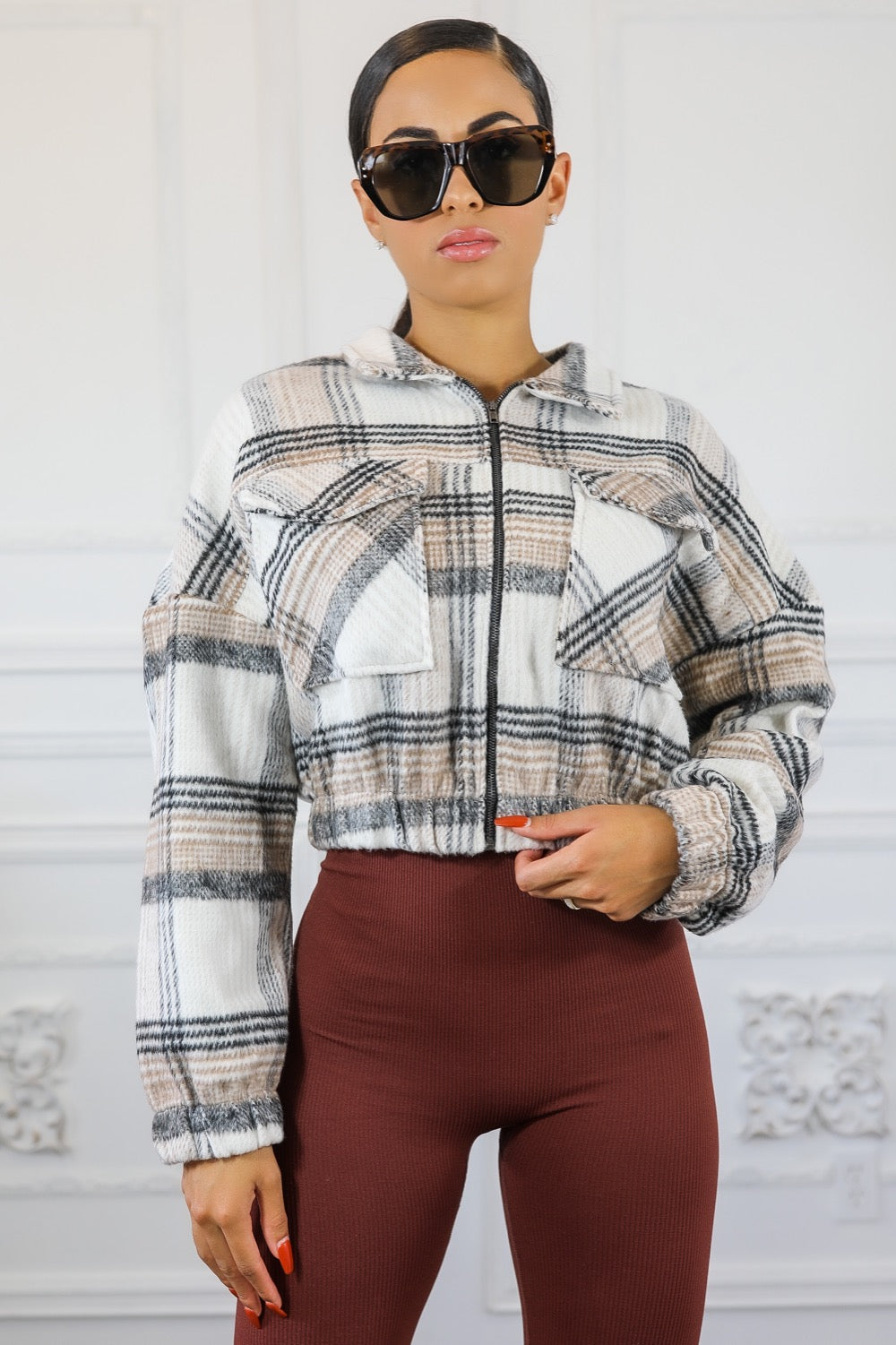 Long Sleeves Plaid Zip Up Collard Jacket