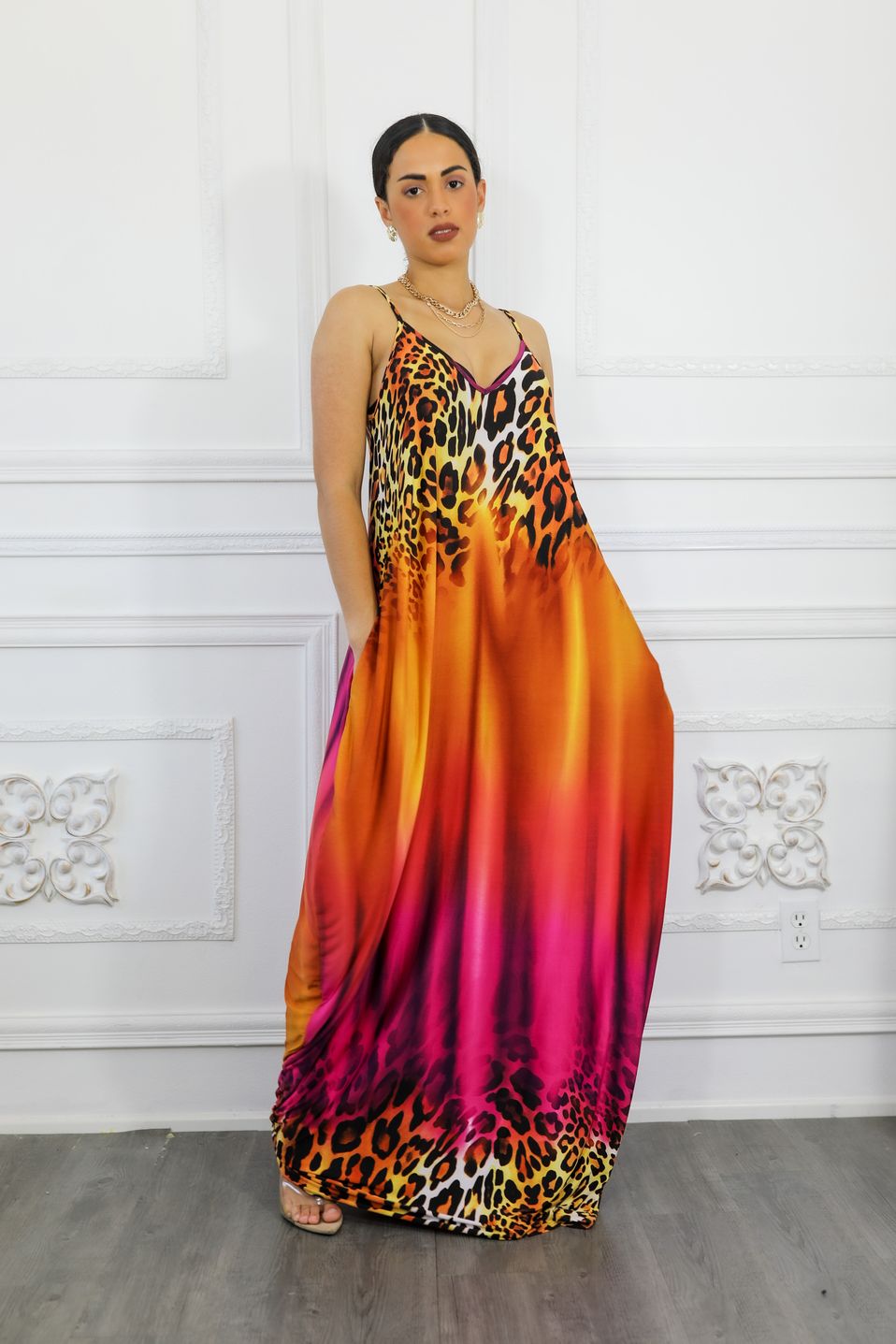 SurelyMine Cheetah Ombr Print Flow Maxi Dress with Side Pockets - Pink - M SurelyMine Cheetah Ombr Print Flow Maxi Dress with Side Pockets - Pink - M