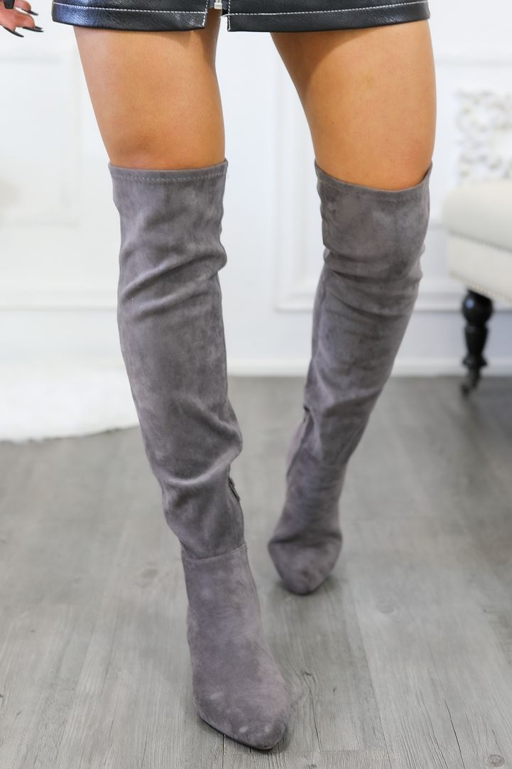 Set The Bar Pointed Toe Knee High Boots Grey