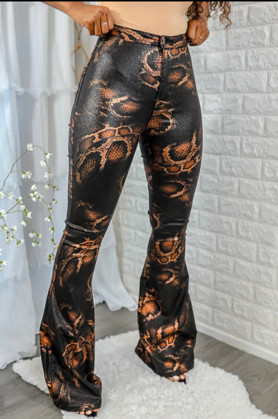 Coated Snake Print Flare Bell Bottom Jeans