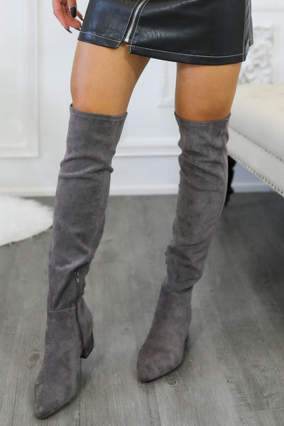 Set The Bar Pointed Toe Knee High Boots Grey