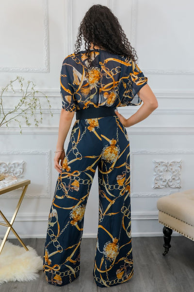 Printed Chains Belted Palazzo Jumpsuit