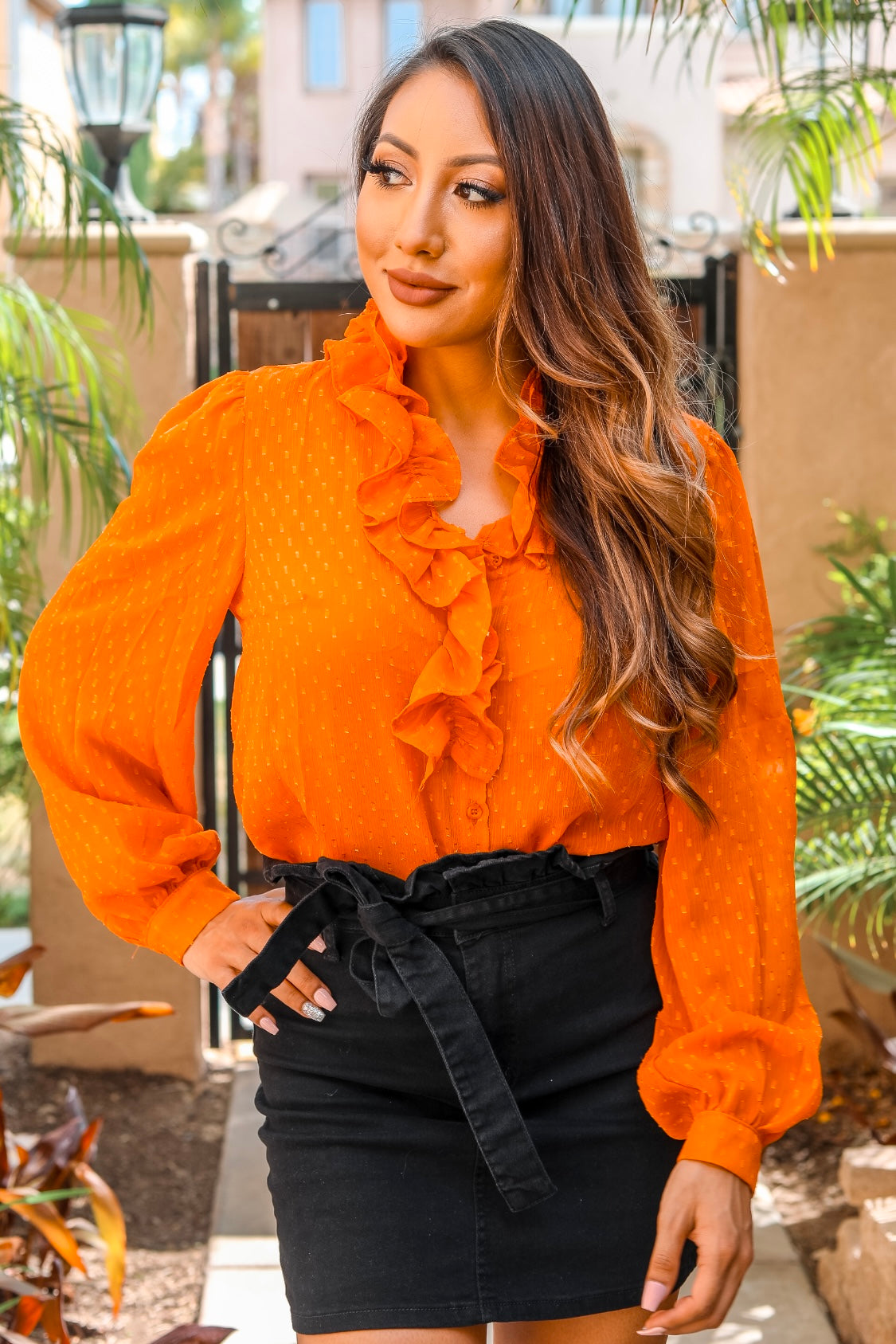 polka dot ruffle blouse