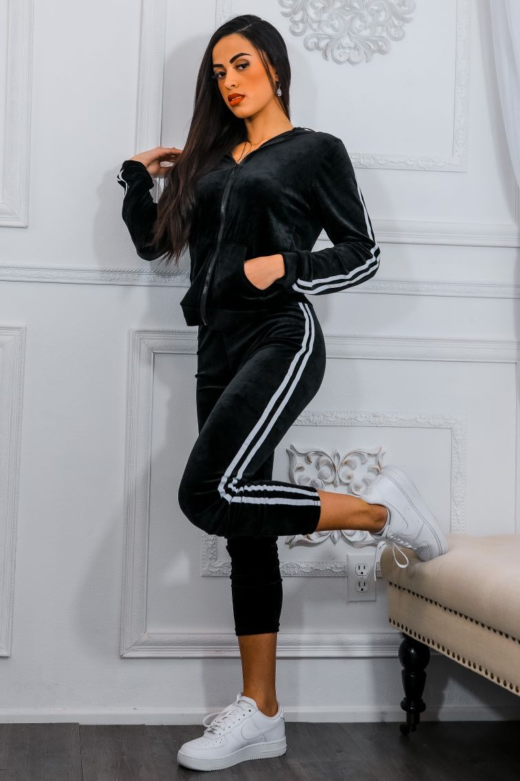 Lined up Sporty Hooded Faux Suede Jogger Set