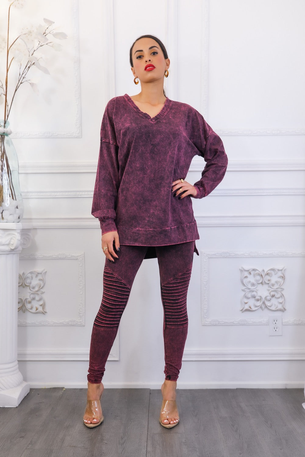 Mineral Wash Long Sleeves Top and Motto Legging Set