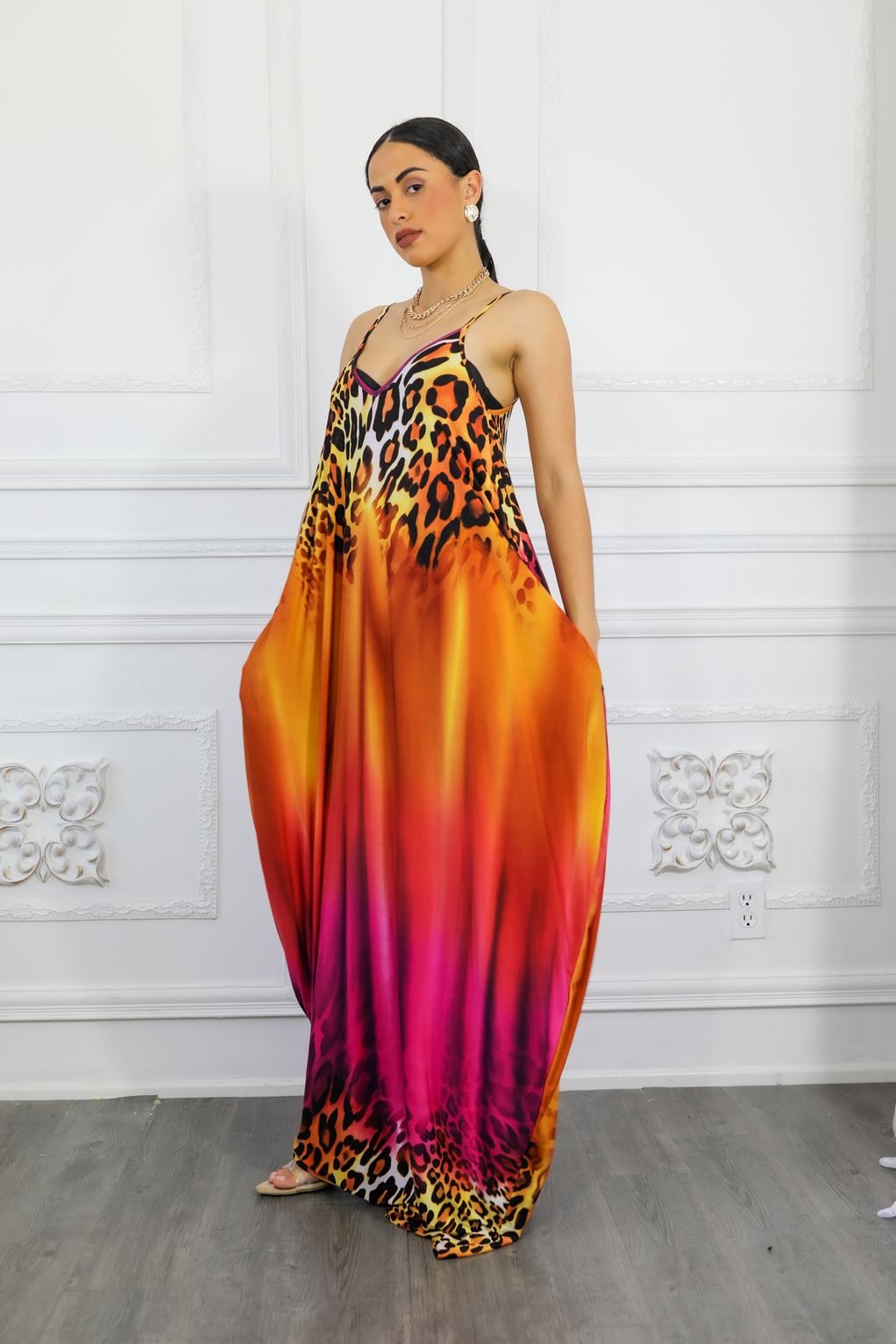 Cheetah Ombré Print Flow Maxi Dress with Side Pockets M / Pink