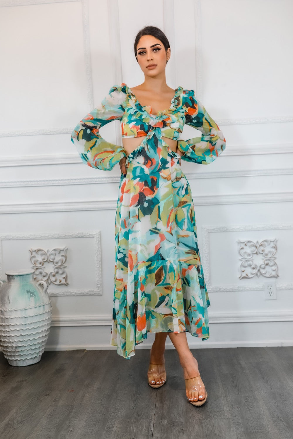 Bubble Sleeves Floral Cut-Out Ruffle Midi Dress