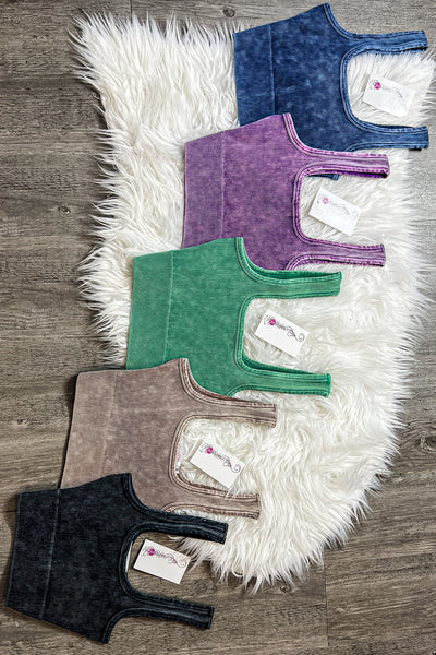 Thick Washed Ribbed Square Neck Cropped Tank Top