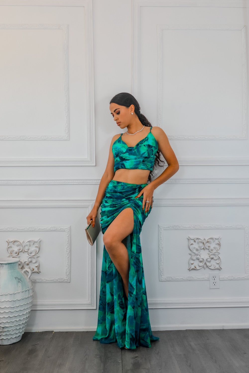 Dipped in Green Ruching Maxi Skirt Set with Plunging Slit