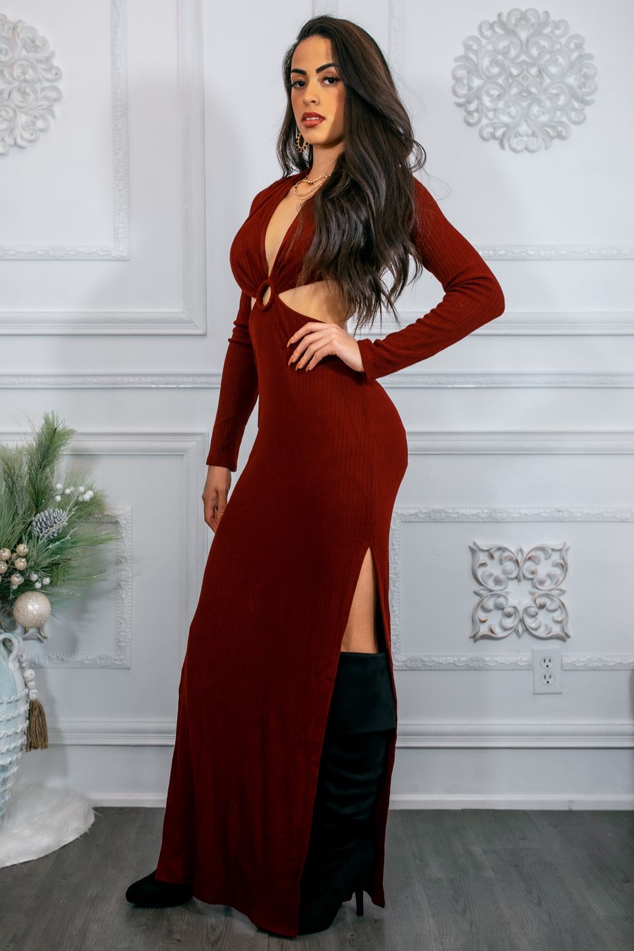 O Ring Cut Out Side Slits Sweater Dress