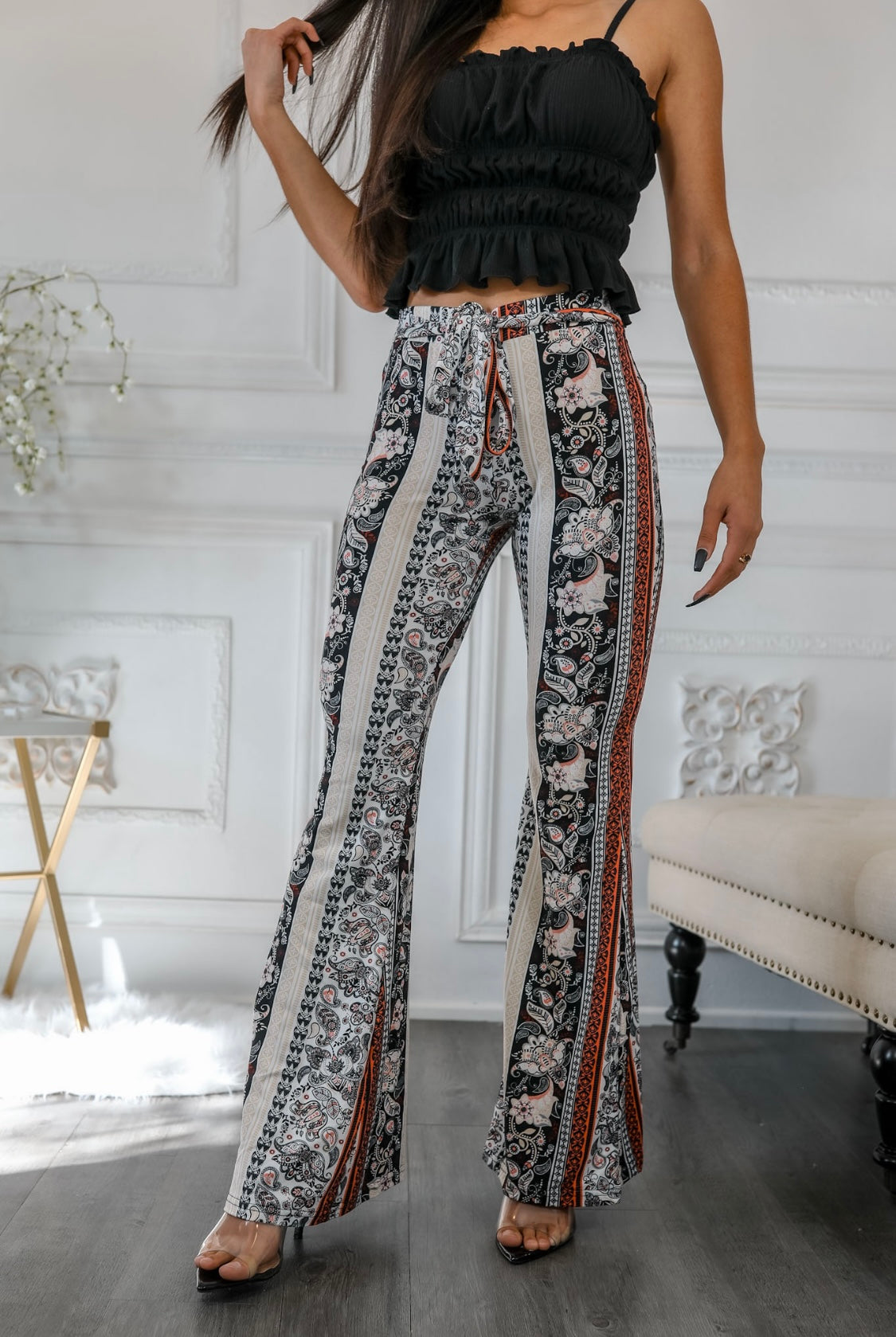 Paisley Floral Print Bell Bottoms Cream with Front Tie