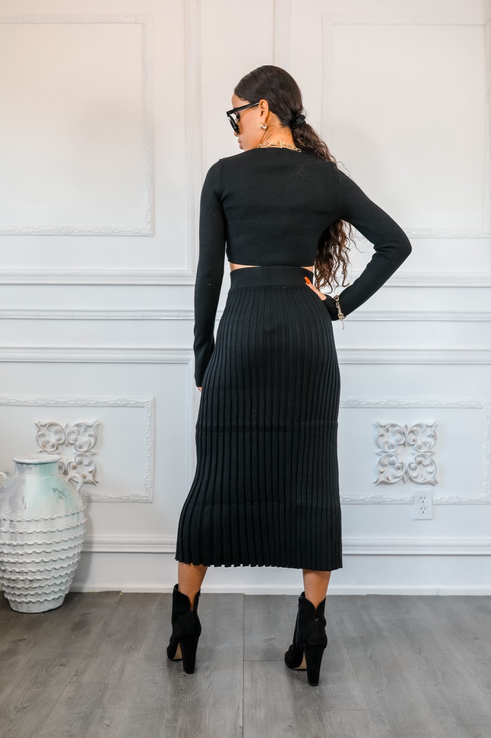sweater top pleated skirt dress PLEATED MOCK NECK SWEATER TOP & SKIRT SET