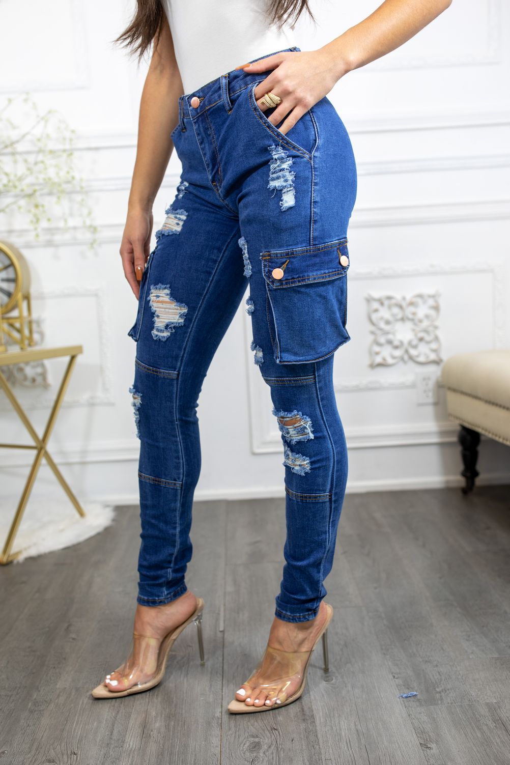 Super Stretch Distracted Distressed Cargo Skinny Jeans