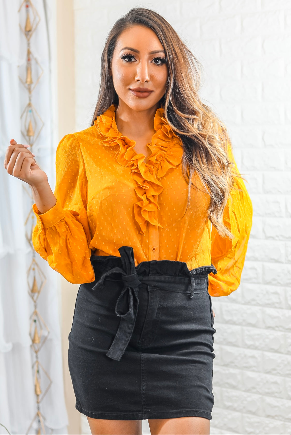 polka dot ruffle blouse