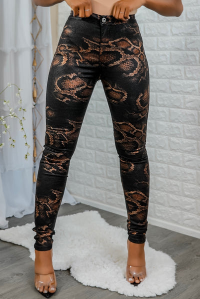 Coated Snake Print Skinny Jeans - SURELYMINE