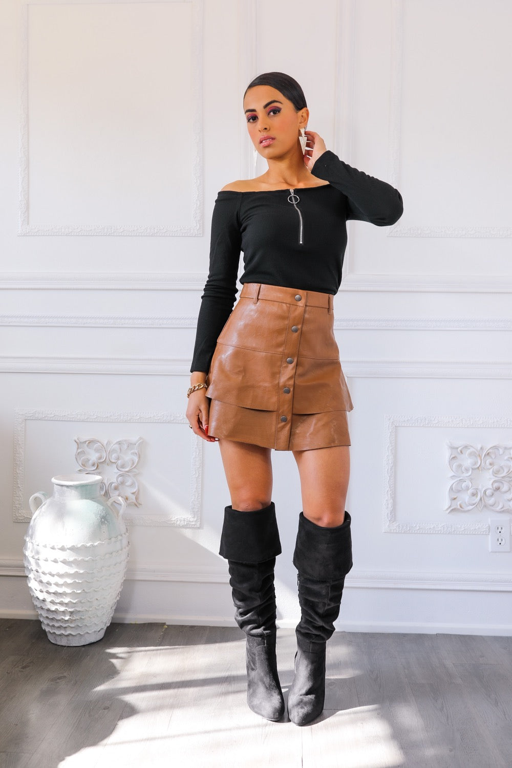 SURELYMINE Vegan Leather Ruffle Skirt